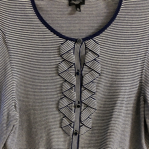 Talbots striped navy white bow button up cardigan 3/4 sleeves XL petite - Picture 3 of 6